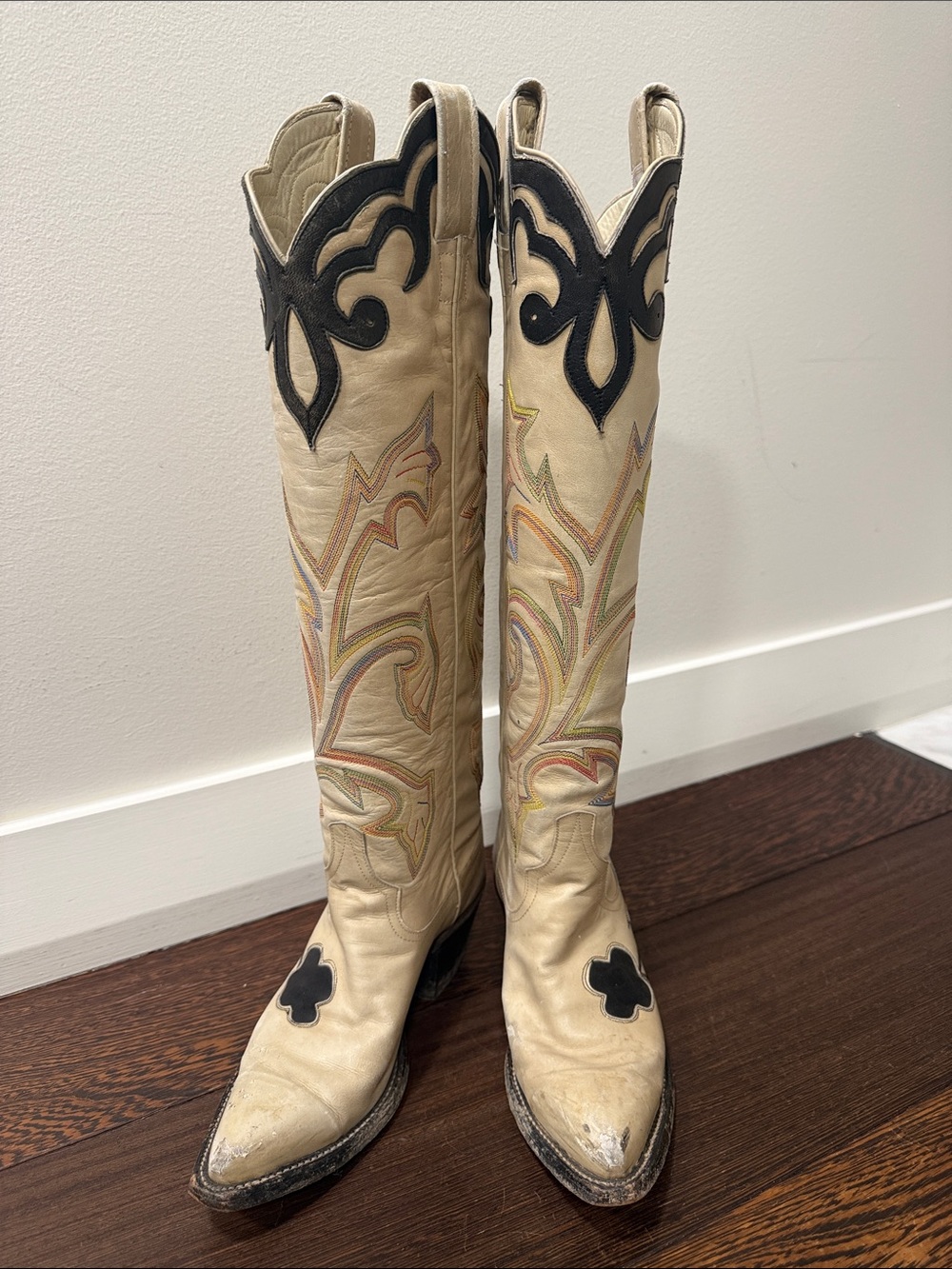 Vintage Larry Mahan Cream Knee-high Embroidered Custom Cowboy Boots